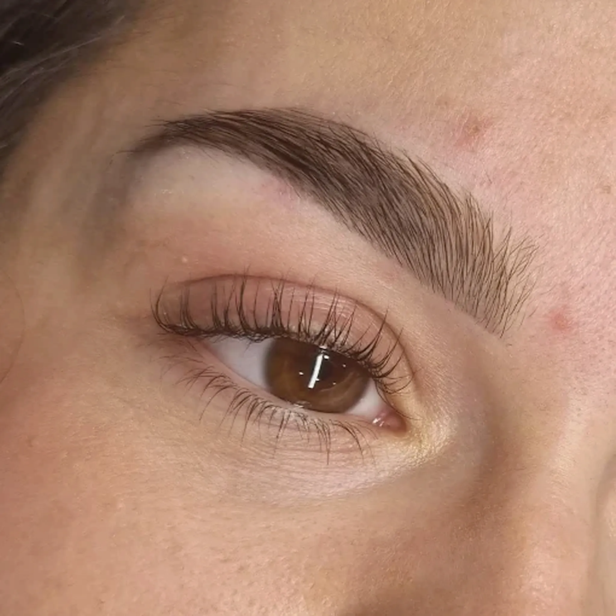 Gros plan d’un regard : sourcil structuré poil à poil et cils rehaussés.